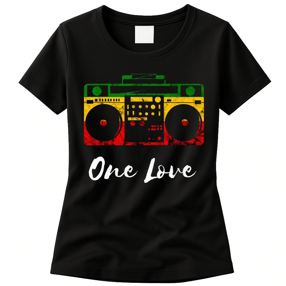 One Love Boombox Musicbox Rasta Reggae Music Rastafari Roots Womens T-Shirt