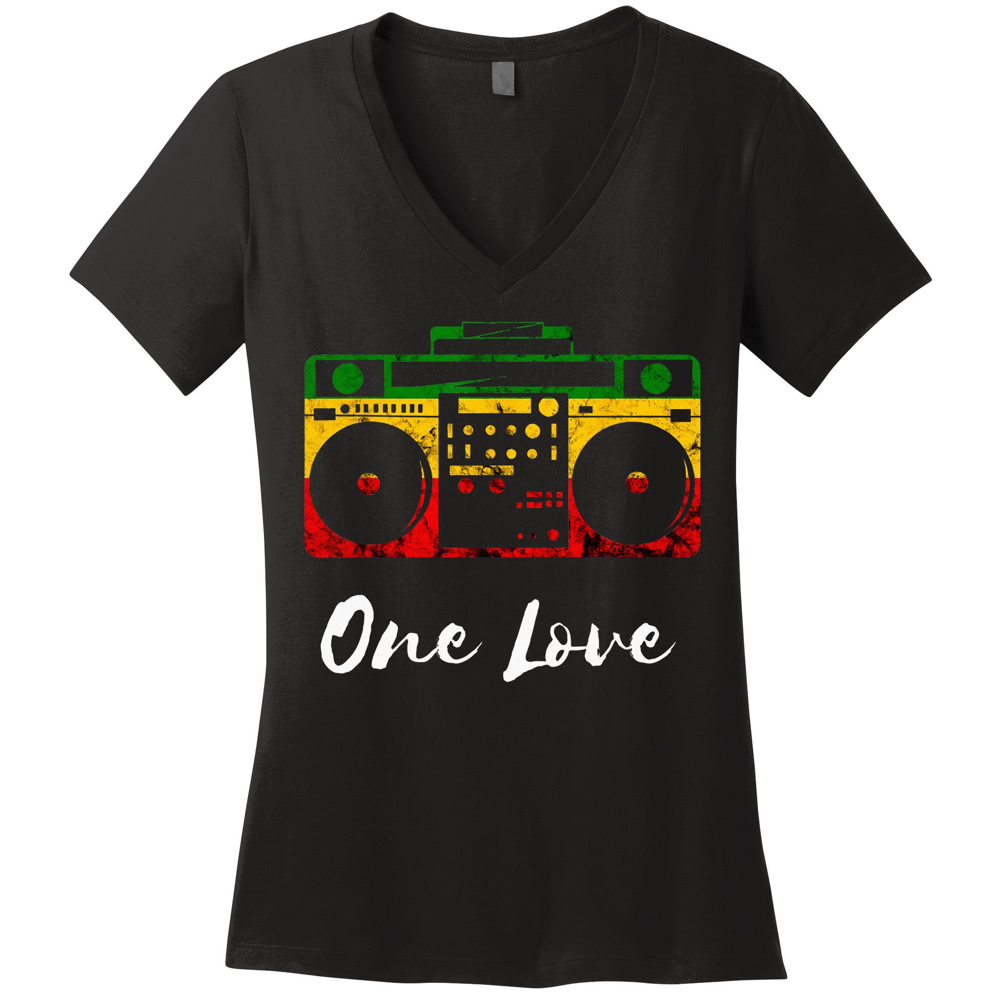 One Love Boombox Musicbox Rasta Reggae Music Rastafari Roots Women's V-Neck T-Shirt