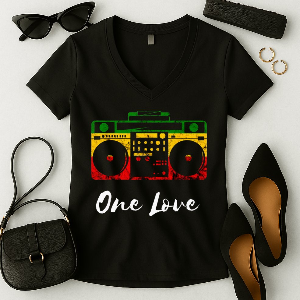 One Love Boombox Musicbox Rasta Reggae Music Rastafari Roots Women's V-Neck T-Shirt