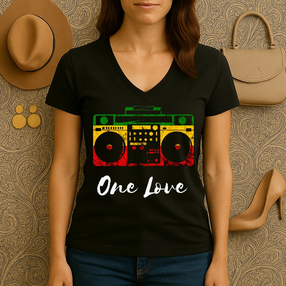One Love Boombox Musicbox Rasta Reggae Music Rastafari Roots Women's V-Neck T-Shirt