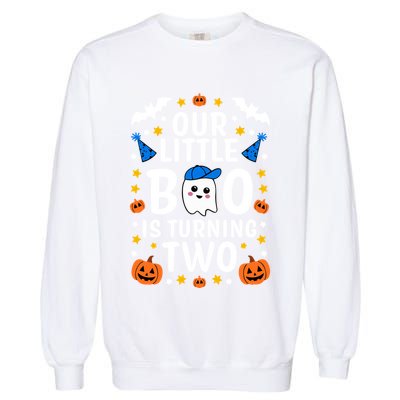 Our Little Boo Is Turning Two Yr 2nd Birthday Halloween Gift Garment-Dyed Sweatshirt