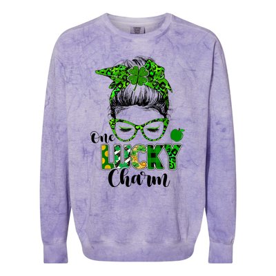 One Lucky Charm Messy Bun Shamrock St Patrick's Day Women Colorblast Crewneck Sweatshirt