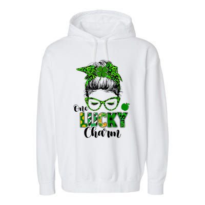 One Lucky Charm Messy Bun Shamrock St Patrick's Day Women Garment-Dyed Fleece Hoodie