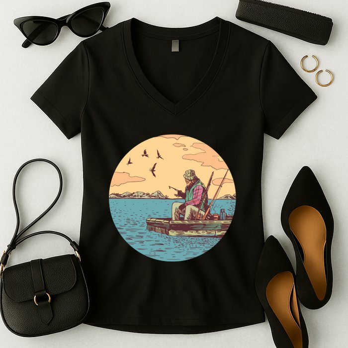 Old Man Fishing Women's V-Neck T-Shirt