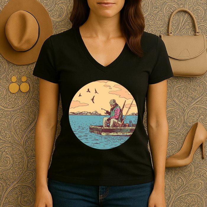 Old Man Fishing Women's V-Neck T-Shirt