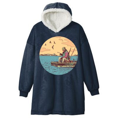 Old Man Fishing Hooded Wearable Blanket