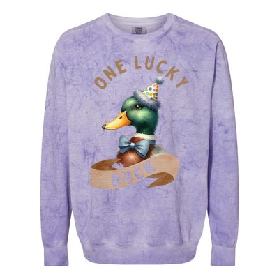 One Lucky Duck 1st Birthday 1 Years Old Poultry Mallard Duck Colorblast Crewneck Sweatshirt