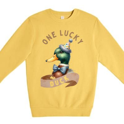 One Lucky Duck 1st Birthday 1 Years Old Poultry Mallard Duck Premium Crewneck Sweatshirt