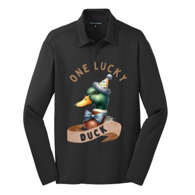 One Lucky Duck 1st Birthday 1 Years Old Poultry Mallard Duck Silk Touch Performance Long Sleeve Polo