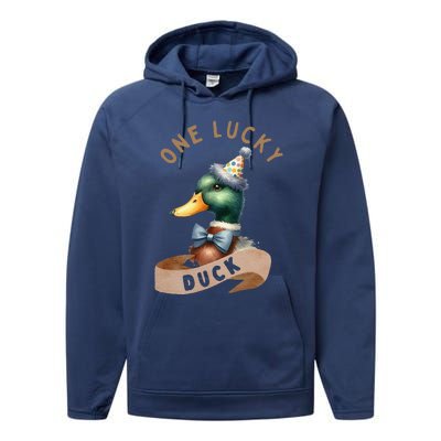 One Lucky Duck 1st Birthday 1 Years Old Poultry Mallard Duck Performance Fleece Hoodie