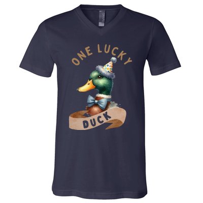 One Lucky Duck 1st Birthday 1 Years Old Poultry Mallard Duck V-Neck T-Shirt