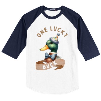 One Lucky Duck 1st Birthday 1 Years Old Poultry Mallard Duck Baseball Sleeve Shirt