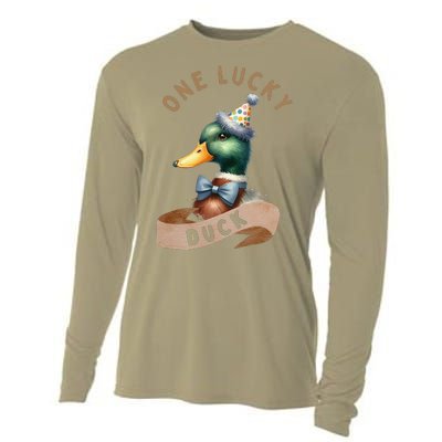 One Lucky Duck 1st Birthday 1 Years Old Poultry Mallard Duck Cooling Performance Long Sleeve Crew