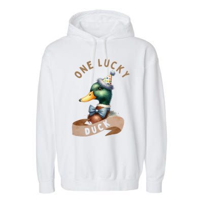 One Lucky Duck 1st Birthday 1 Years Old Poultry Mallard Duck Garment-Dyed Fleece Hoodie