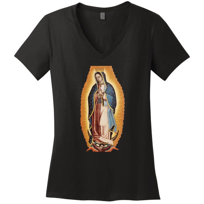 Our Lady De Guadalupe Mary Mother Of God Christian Catholics Rosary Women's V-Neck T-Shirt