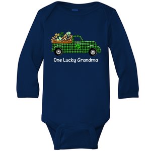 One Lucky Grandma Green Plaid Truck Shamrock St Patricks Day Gift Baby Long Sleeve Bodysuit