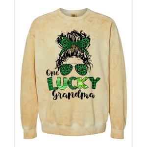 One Lucky Grandma Messy Bun St Patricks Day Leopard Shamrock Colorblast Crewneck Sweatshirt