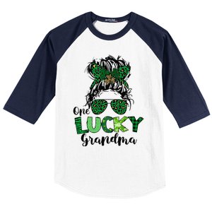 One Lucky Grandma Messy Bun St Patricks Day Leopard Shamrock Baseball Sleeve Shirt