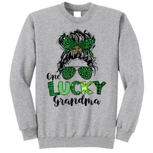 One Lucky Grandma Messy Bun St Patricks Day Leopard Shamrock Tall Sweatshirt