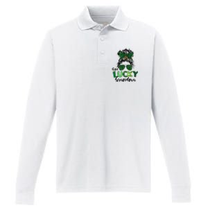 One Lucky Grandma Messy Bun St Patricks Day Leopard Shamrock Performance Long Sleeve Polo