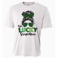 One Lucky Grandma Messy Bun St Patricks Day Leopard Shamrock Cooling Performance Crew T-Shirt