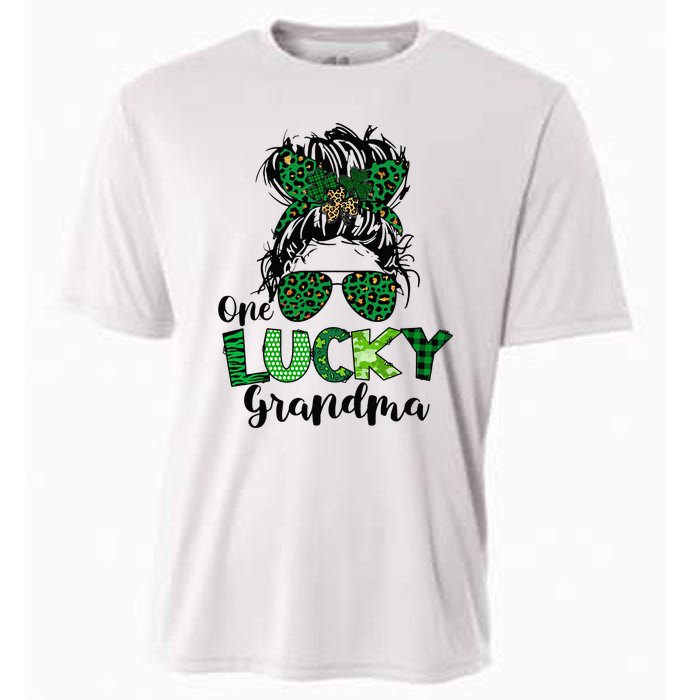 One Lucky Grandma Messy Bun St Patricks Day Leopard Shamrock Cooling Performance Crew T-Shirt