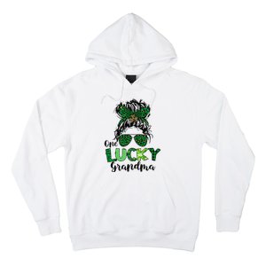 One Lucky Grandma Messy Bun St Patricks Day Leopard Shamrock Hoodie