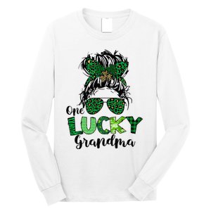 One Lucky Grandma Messy Bun St Patricks Day Leopard Shamrock Long Sleeve Shirt