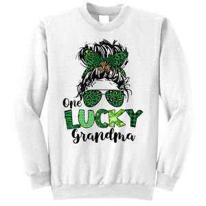 One Lucky Grandma Messy Bun St Patricks Day Leopard Shamrock Sweatshirt