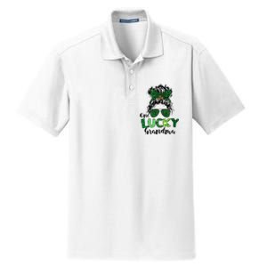 One Lucky Grandma Messy Bun St Patricks Day Leopard Shamrock Dry Zone Grid Polo