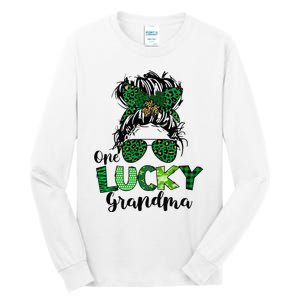 One Lucky Grandma Messy Bun St Patricks Day Leopard Shamrock Tall Long Sleeve T-Shirt