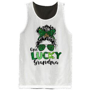 One Lucky Grandma Messy Bun St Patricks Day Leopard Shamrock Mesh Reversible Basketball Jersey Tank