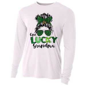 One Lucky Grandma Messy Bun St Patricks Day Leopard Shamrock Cooling Performance Long Sleeve Crew