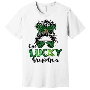 One Lucky Grandma Messy Bun St Patricks Day Leopard Shamrock Premium T-Shirt