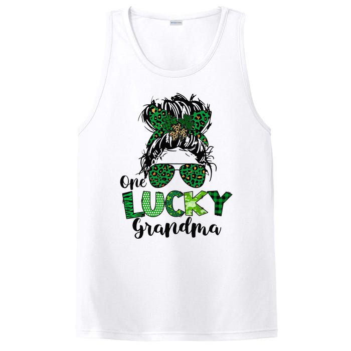 One Lucky Grandma Messy Bun St Patricks Day Leopard Shamrock PosiCharge Competitor Tank