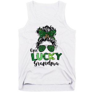 One Lucky Grandma Messy Bun St Patricks Day Leopard Shamrock Tank Top