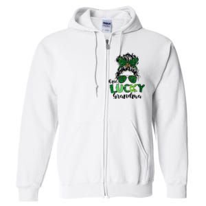 One Lucky Grandma Messy Bun St Patricks Day Leopard Shamrock Full Zip Hoodie