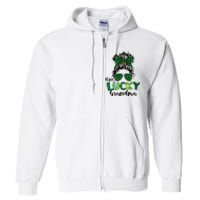 One Lucky Grandma Messy Bun St Patricks Day Leopard Shamrock Full Zip Hoodie