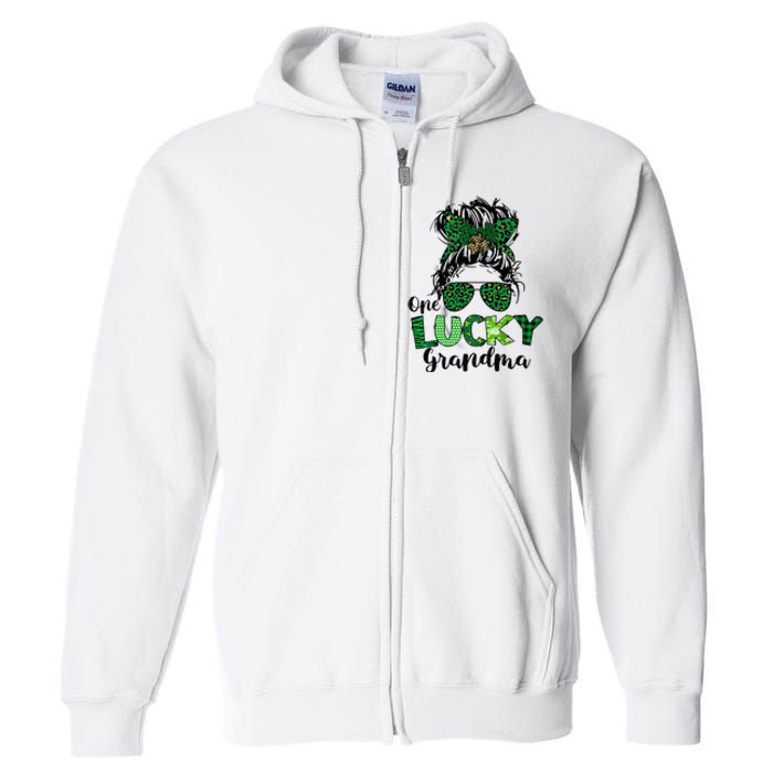 One Lucky Grandma Messy Bun St Patricks Day Leopard Shamrock Full Zip Hoodie