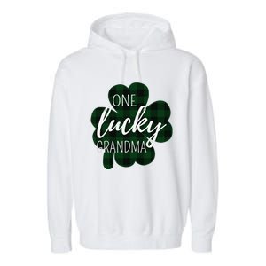 One Lucky Grandma Plaid Shamrock St Patricks Day Granny Garment-Dyed Fleece Hoodie