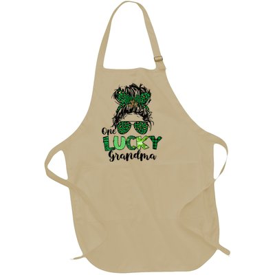 One Lucky Grandma Messy Bun St Patricks Day Leopard Shamrock Full-Length Apron With Pockets