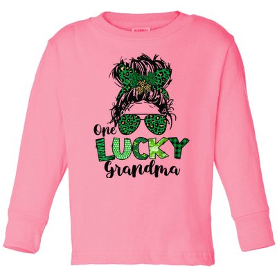 One Lucky Grandma Messy Bun St Patricks Day Leopard Shamrock Toddler Long Sleeve Shirt