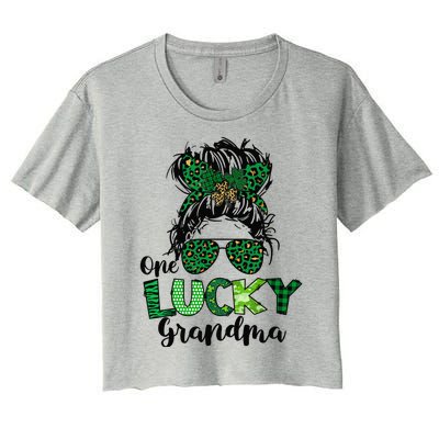 One Lucky Grandma Messy Bun St Patricks Day Leopard Shamrock Women's Crop Top Tee