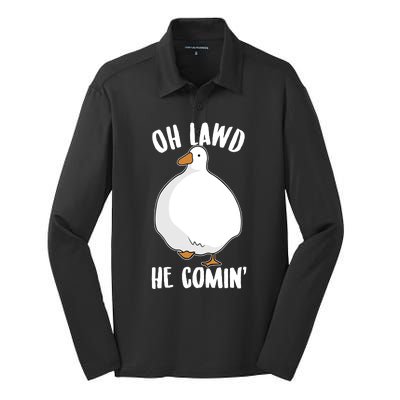 Oh Lawd He Comin Thicc Goose Meme Silk Touch Performance Long Sleeve Polo