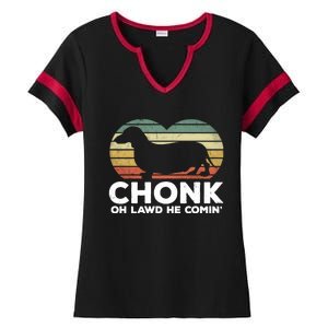 Oh Lawd He Comin' Funny Chonk Wiener Dog Chunky Gift Ladies Halftime Notch Neck Tee