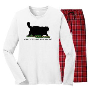 Oh Lawd He Treading Funny Cat Women's Long Sleeve Flannel Pajama Set 