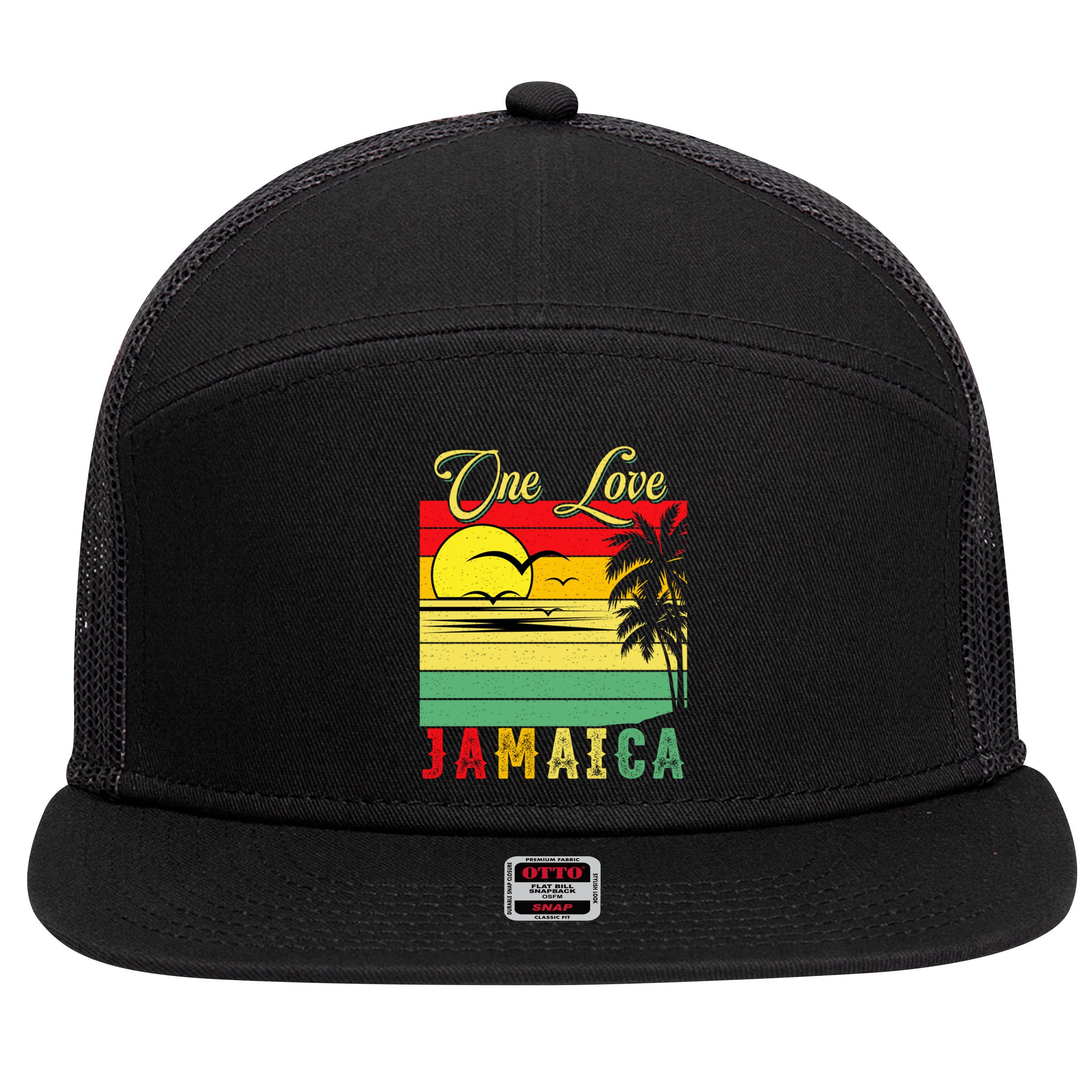 One Love Jamaica Summer Vacation Family Vintage Sunset Beach Gift 7 Panel Mesh Trucker Snapback Hat