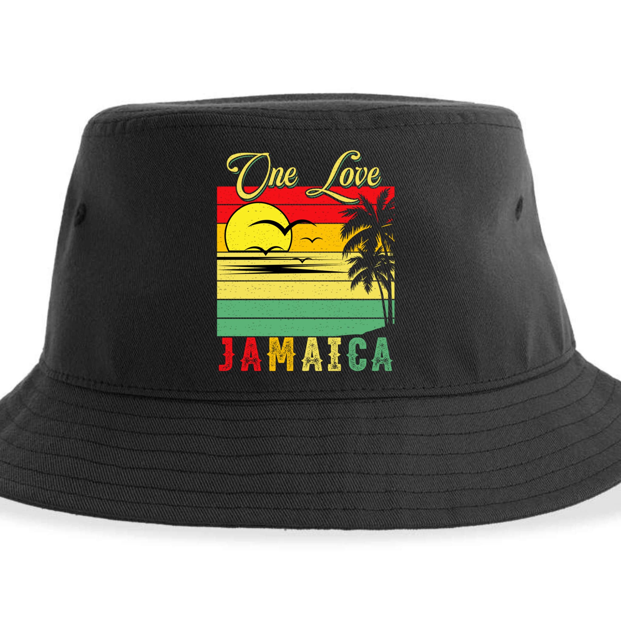 One Love Jamaica Summer Vacation Family Vintage Sunset Beach Gift Sustainable Bucket Hat