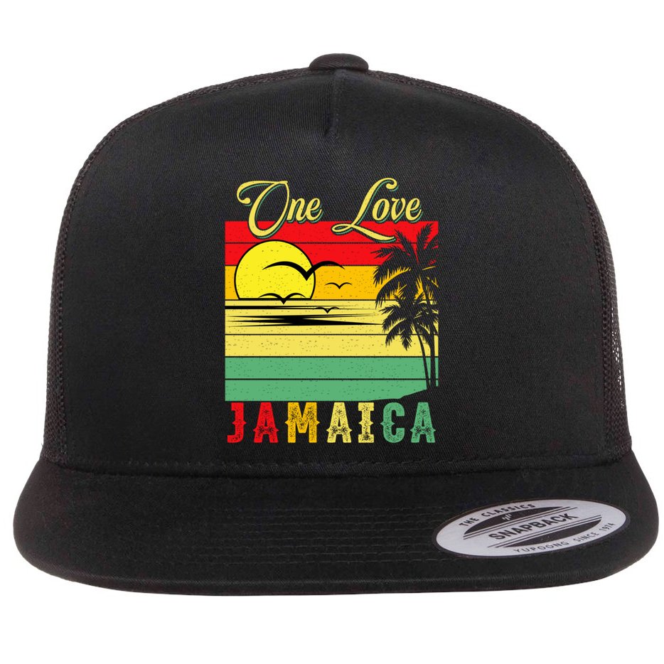 One Love Jamaica Summer Vacation Family Vintage Sunset Beach Gift Flat Bill Trucker Hat