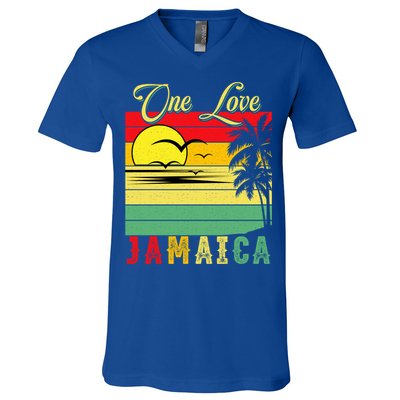 One Love Jamaica Summer Vacation Family Vintage Sunset Beach Gift V-Neck T-Shirt